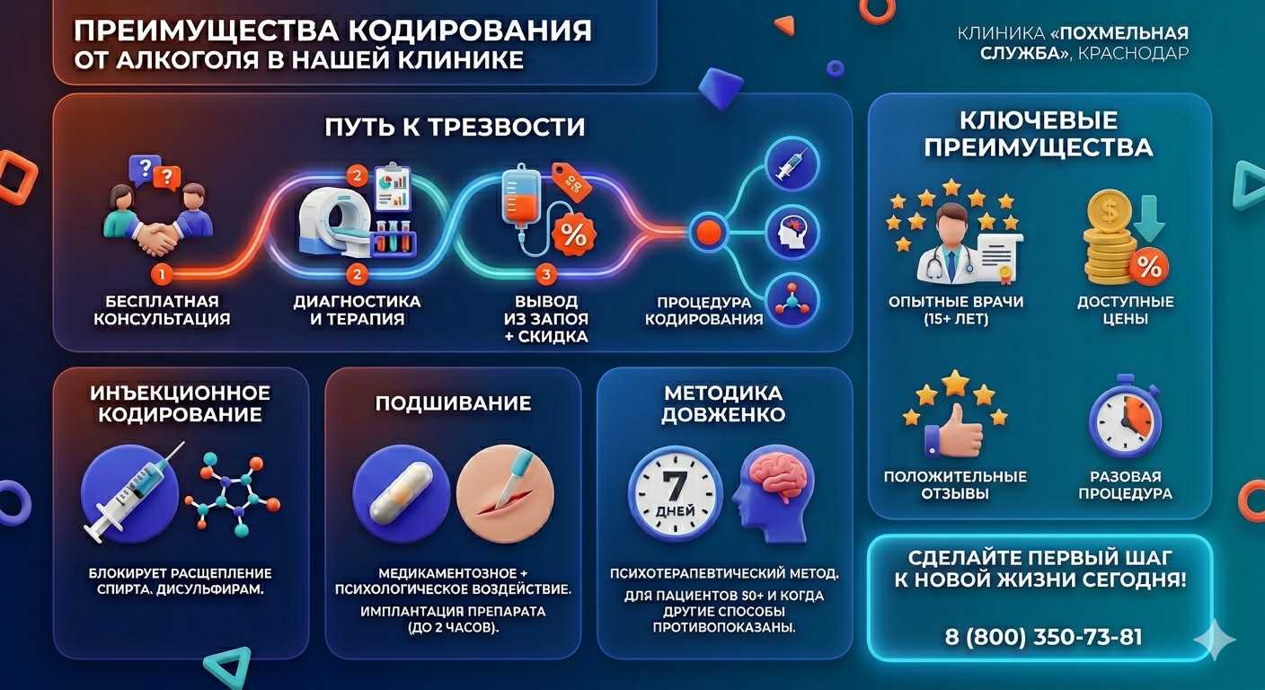 Инфографика о методах кодирования от алкоголя в Саках: инъекции, подшивание, метод Довженко. Преимущества клиники и этапы лечения.