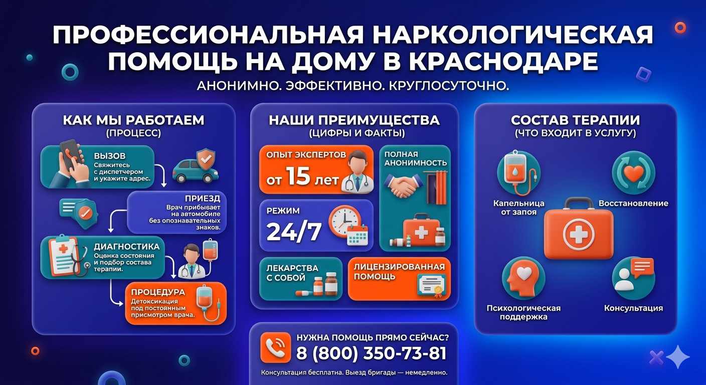 Инфографика о принципах лечения алкоголизма на дому в Саках: этапы вызова нарколога, преимущества анонимной детоксикации и состав медицинской помощи.